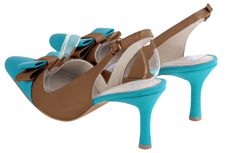 Turquoise blue and caramel brown women's open back shoes, with a knot. Tapered toe. High slim heel. Rear view - Florence KOOIJMAN
